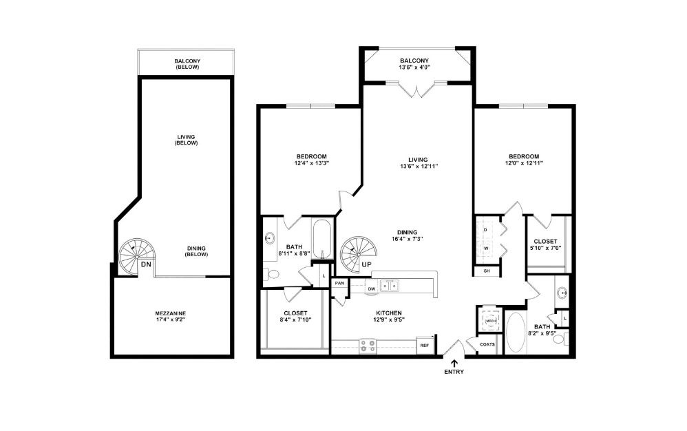 B2L2 - 2 bedroom floorplan layout with 2 bathrooms and 1365 square feet (2D)