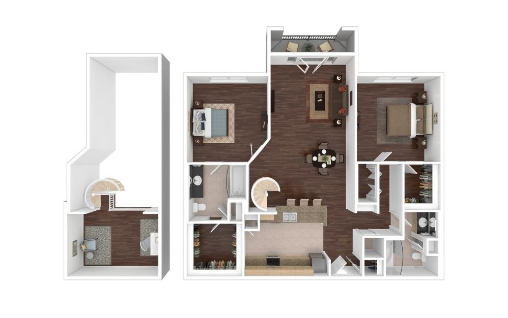 B2L2 - 2 bedroom floorplan layout with 2 bathrooms and 1365 square feet (3D)