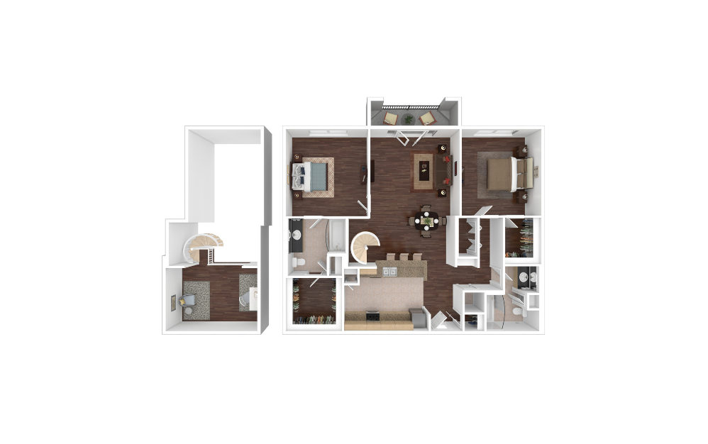 B1JL - 2 bedroom floorplan layout with 2 bathrooms and 1302 square feet (3D)