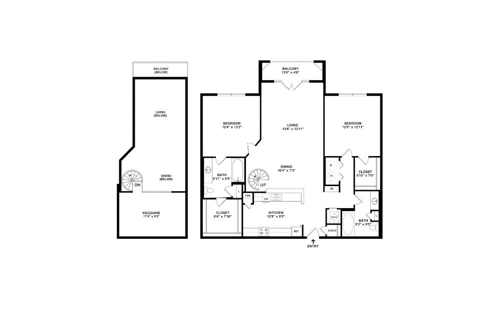 B2L2 - 2 bedroom floorplan layout with 2 bathrooms and 1365 square feet (2D)