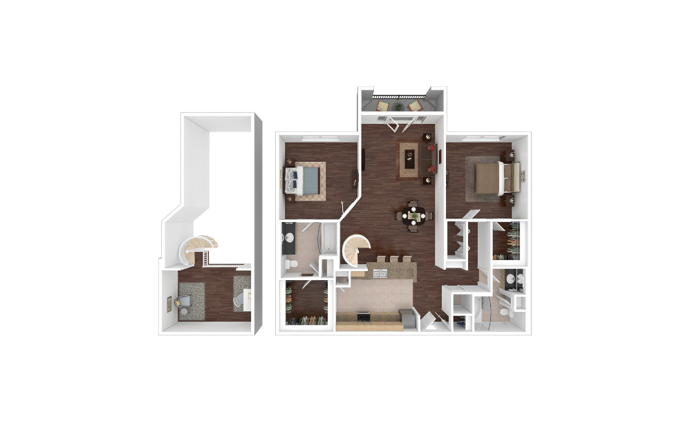 B2L2 - 2 bedroom floorplan layout with 2 bathrooms and 1365 square feet (3D) B2L2 - 2 bedroom floorplan layout with 2 bathrooms and 1365 square feet (3D)