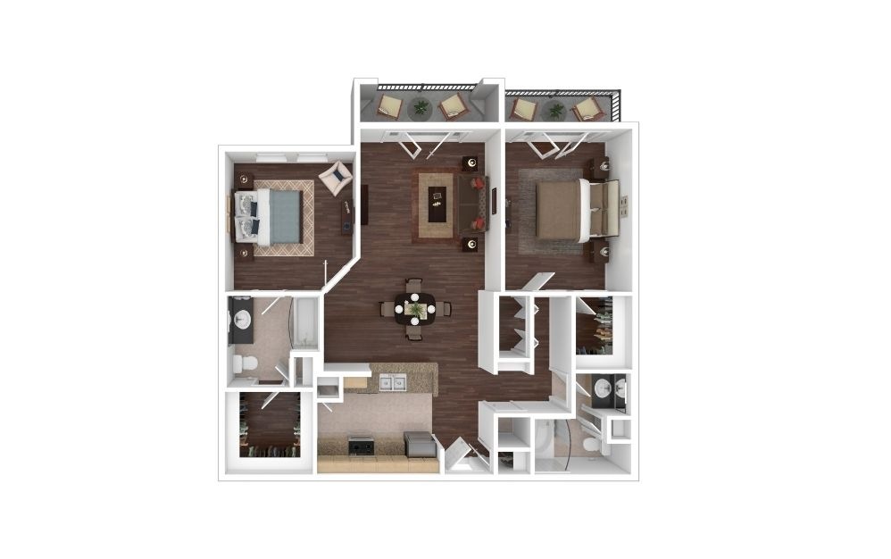 B32 - 2 bedroom floorplan layout with 2 bathrooms and 1264 square feet (3D)