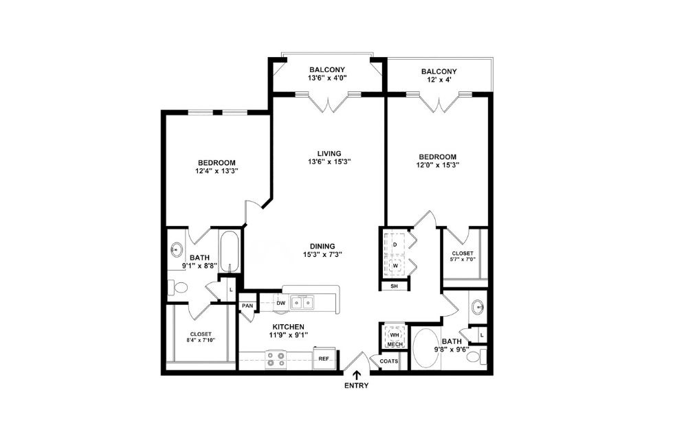 B32 - 2 bedroom floorplan layout with 2 bathrooms and 1264 square feet (2D)